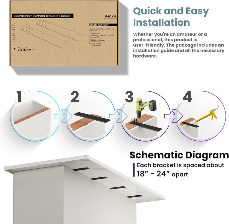 BATODA 14" Countertop Support Brackets (4 pcs) for Granite - Heavy Duty L Shelf Bracket - Wall Mounted Support for DIY Open Shelving – Knee Wall Support - Mounting Hardware Included ( Pack 4 ) - Image 4